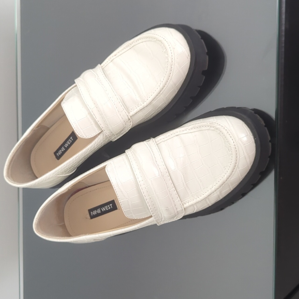 NINE WEST Garren croc embossed white lug loafers